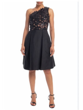 Theia Black one-shoulder embroidered sequin bodice Cocktail dress Size 8